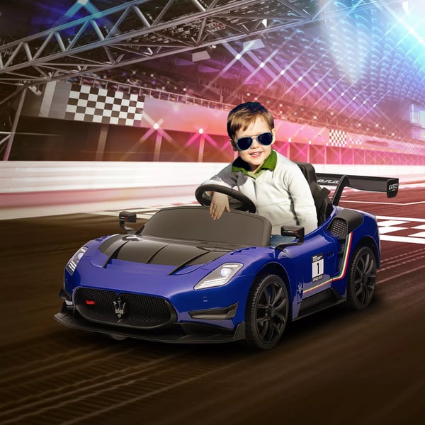 AIYAPLAY 12V Maserati Elbil til Børn - Blå, Licenseret Børnebil med Fjernbetjening, Musik & Lys - Sikker og Sjov Legetøjsbil til Små Racerkørere (3-5