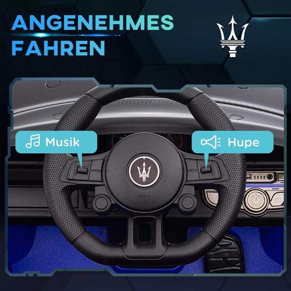 AIYAPLAY 12V Maserati Elbil til Børn - Blå, Licenseret Børnebil med Fjernbetjening, Musik & Lys - Sikker og Sjov Legetøjsbil til Små Racerkørere (3-5