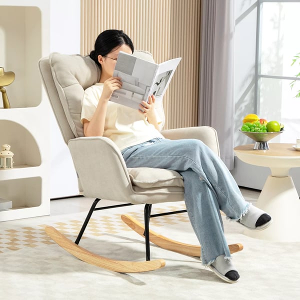 HOMCOM Gyngestol beige chenille, hyggelig lænestol med armlæn, 120kg