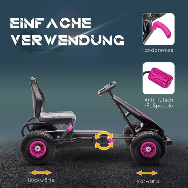 HOMCOM Gokart til brn - Kraftdrevet Pedalbil med Justerbart Sde, Hndbremse - Rosa/Sort