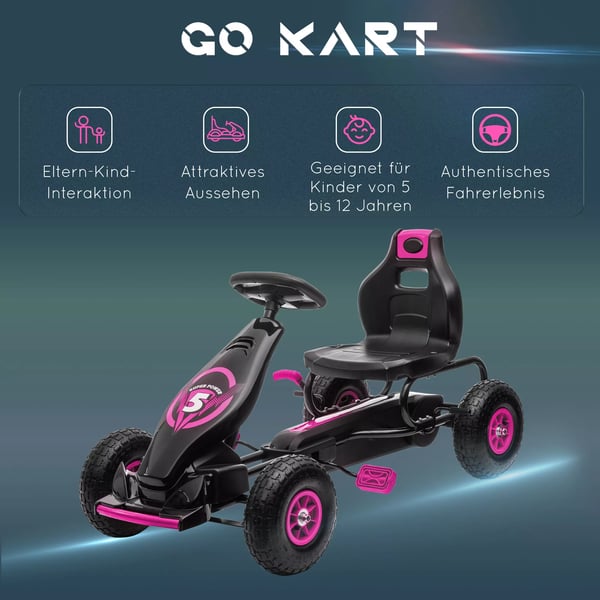 HOMCOM Gokart til brn - Kraftdrevet Pedalbil med Justerbart Sde, Hndbremse - Rosa/Sort