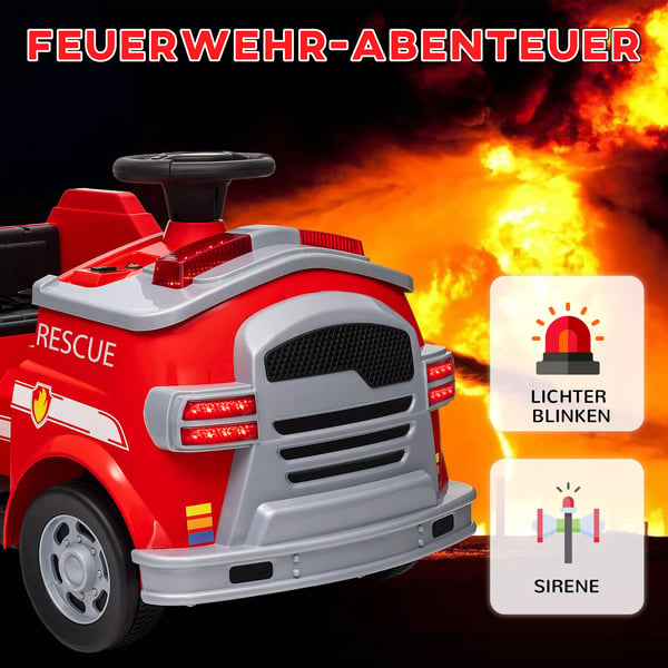 Børne Elbil 12V - Rød Brandbil med Redskaber, Musik & Horn - Blød Start, 3 km/t, 3-5 År