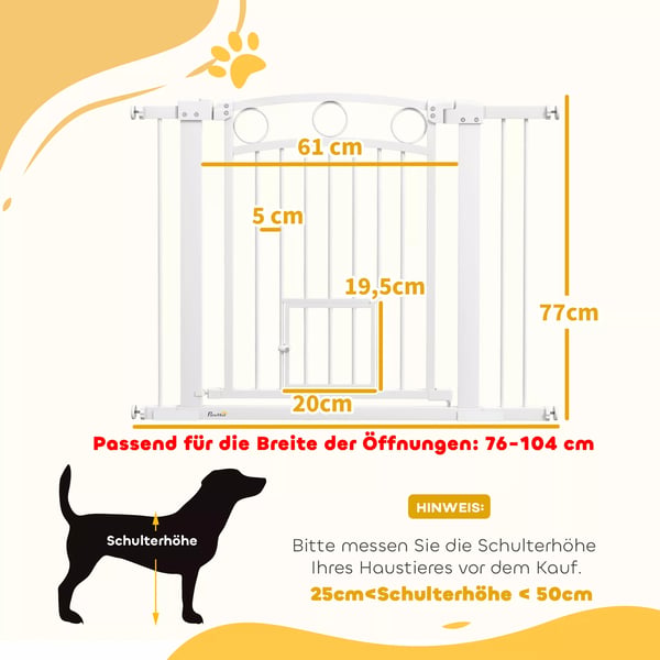 PawHut Dørsikringsgitter til Hunde, Hvid Sikkerhedsgitter til Trapper, Justerbar (76-104 cm) med Kattedør