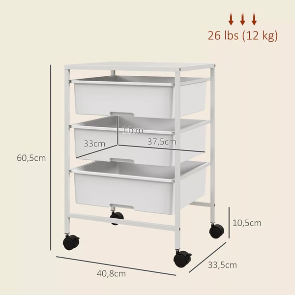 HOMCOM Rullebord, Serveringsvogn med 3 hylder, Hvid, Plastik, 40,8 x 33,5 x 60,5 cm