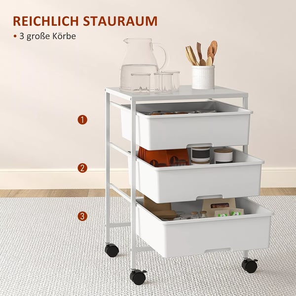 HOMCOM Rullebord, Serveringsvogn med 3 hylder, Hvid, Plastik, 40,8 x 33,5 x 60,5 cm