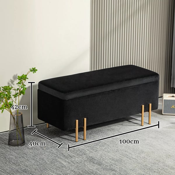 HOMCOM bænk, polstret bænk med opbevaring, kistebænk, stof, metal, gummitræ, skum, sort, 100 x 40 x 42 cm