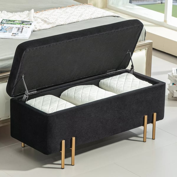 HOMCOM bænk, polstret bænk med opbevaring, kistebænk, stof, metal, gummitræ, skum, sort, 100 x 40 x 42 cm