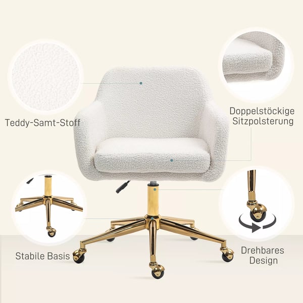 HOMCOM kontorstol i cremefarvet polyester med justerbar hjde og 360° drejefunktion