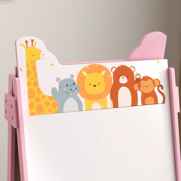 AIYAPLAY Børnestativ med Tavle og Whiteboard, 2-i-1 Kunstnerbord med Opbevaring, Lyserød MDF, 3-8 år