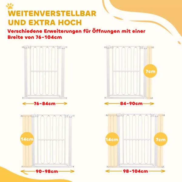 PawHut Sikkerhedsgitter til hunde - Hvid, Justerbar 76-104 cm - Ingen Boring Nødvendig - Låsbar, Perfekt til Døre og Trapper