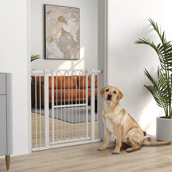 PawHut Sikkerhedsgitter til hunde - Hvid, Justerbar 76-104 cm - Ingen Boring Nødvendig - Låsbar, Perfekt til Døre og Trapper