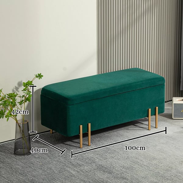 HOMCOM bænk, polstret bænk med opbevaring, kistebænk, stof, metal, gummitræ, skum, grøn, 100 x 40 x 42 cm