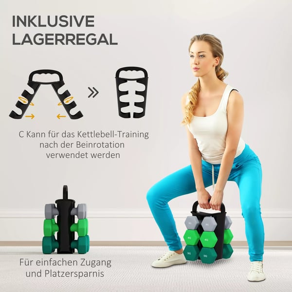 SPORTNOW 6-delt Håndvægtsæt med Stativ - 3, 4, 5 kg par - Metal/Plast - Grå/Grøn/Turkis
