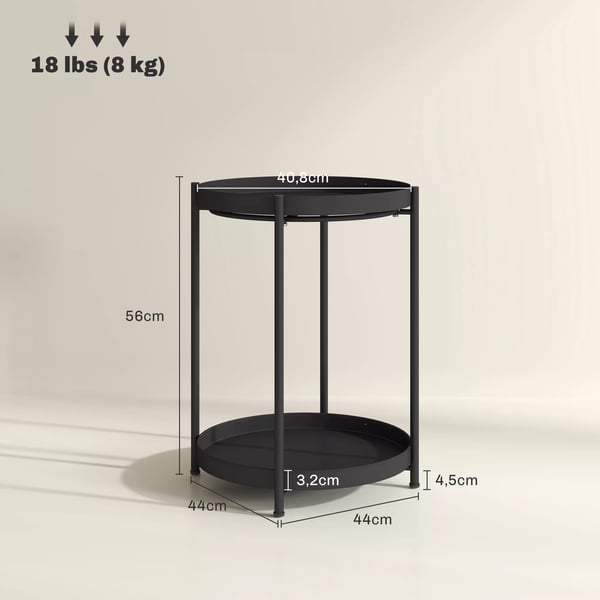 HOMCOM Sidebord, rundt spisebord med 2 hylder, stue, soveværelse, 44x44x56 cm, stål, sort