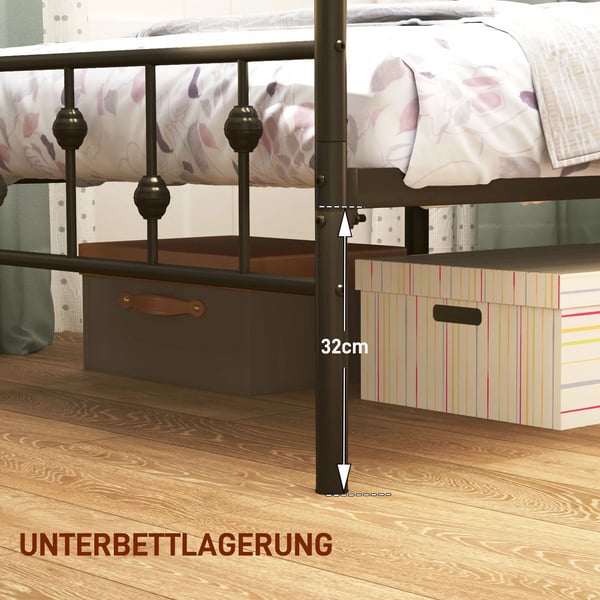 Metal Senge Ramme 200x90 cm - Sort Foldbar Sengebund med Opbevaring