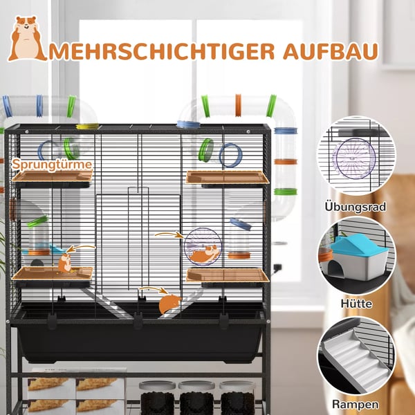 PawHut Hamsterbur med hjul, rør, hylder, ramper, madskål & flaske - Sort Stål
