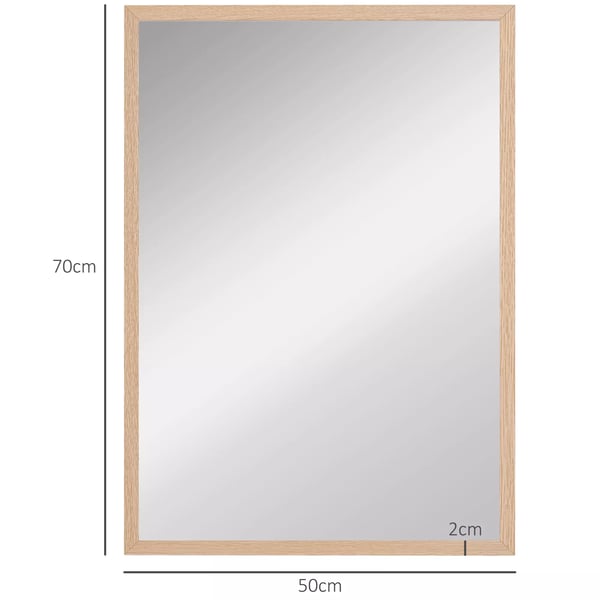 HOMCOM Vægspejl 50x70 cm, Natur træramme og Glas, med 4 kroge, Rektangulært Spejl til Entré, Soveværelse, Badeværelse