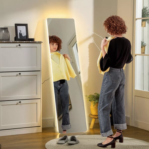 HOMCOM Helkropsspejl 150x40 cm - Stående, Væg- & Læn dig-spejl med LED lys, 3 farver, Gennemsigtig Hartglas