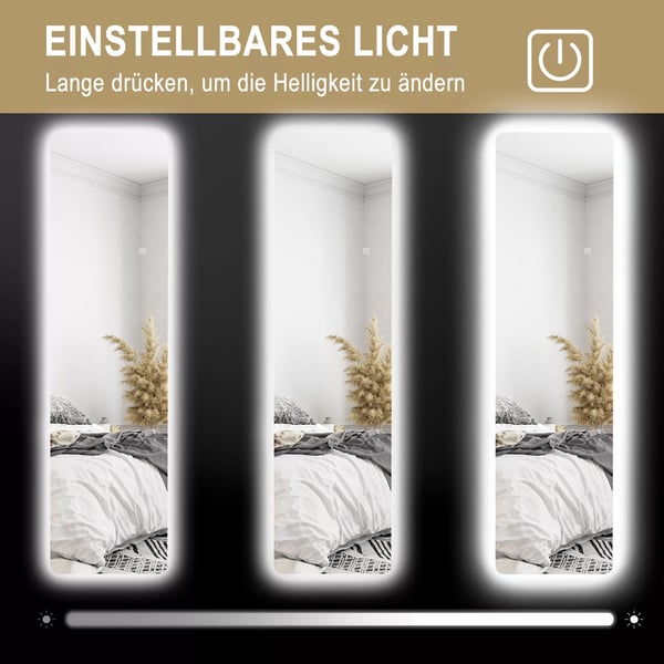 HOMCOM Helkropsspejl 150x40 cm - Stående, Væg- & Læn dig-spejl med LED lys, 3 farver, Gennemsigtig Hartglas