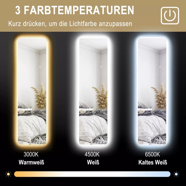 HOMCOM Helkropsspejl 150x40 cm - Stående, Væg- & Læn dig-spejl med LED lys, 3 farver, Gennemsigtig Hartglas
