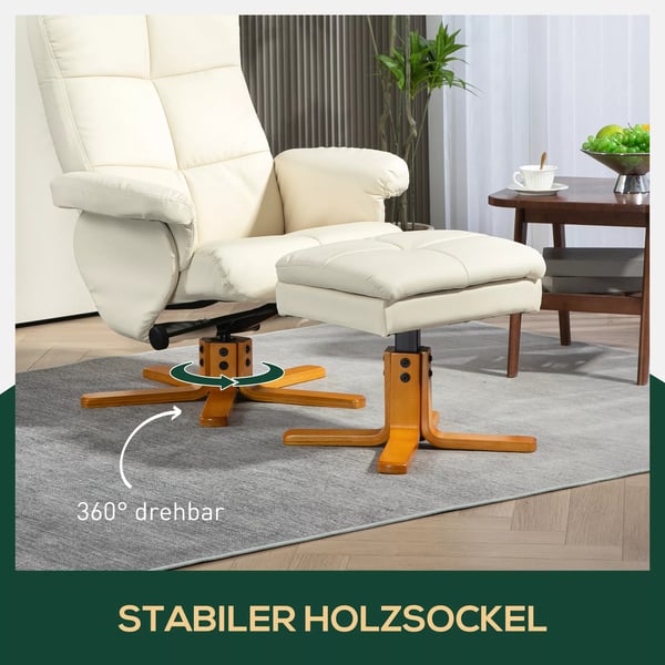 HOMCOM Lænestol med Skammel, Opbevaring, Polstret Fodstøttestol med Liggefunktion, 360° Drejelig TV-stol til Soveværelse, Stue, Kunstlæder, Cremhvid