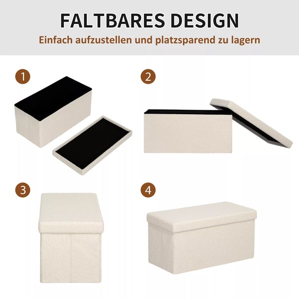 HOMCOM Foldbar Opbevaringsbænk i Cremefarvet Polyester, 76 x 38 x 38 cm