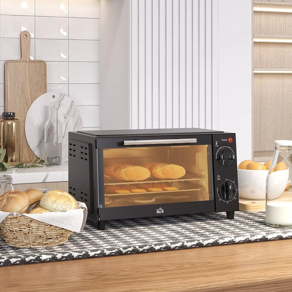 HOMCOM Miniovn 9L - Kompakt Ovn i Sort Rustfrit Stål med Bageplade og Grillrist, 750W