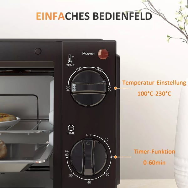 HOMCOM Miniovn 9L - Kompakt Ovn i Sort Rustfrit Stål med Bageplade og Grillrist, 750W