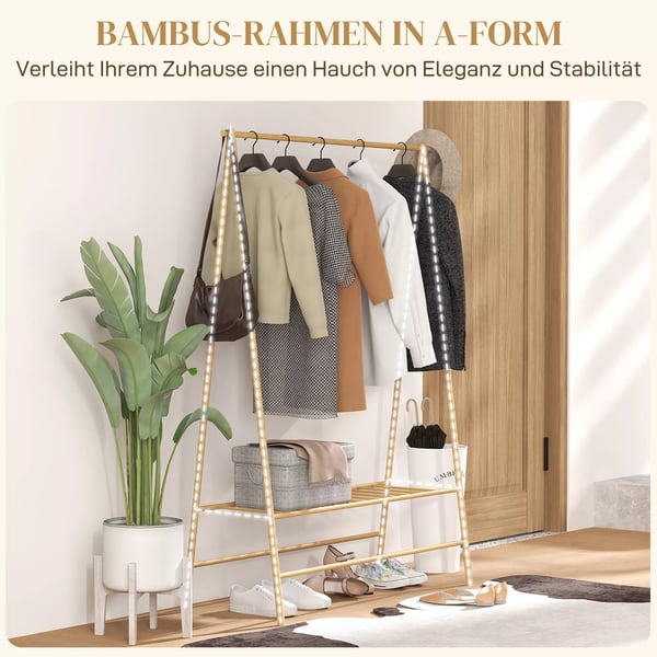 HOMCOM Garderobestativ i bambus med hylder og kroge - Naturtræ