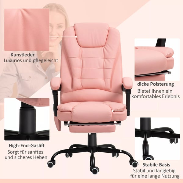 Vinsetto Ergonomisk Kontorstol med Massage, Læderlook, Lyserød