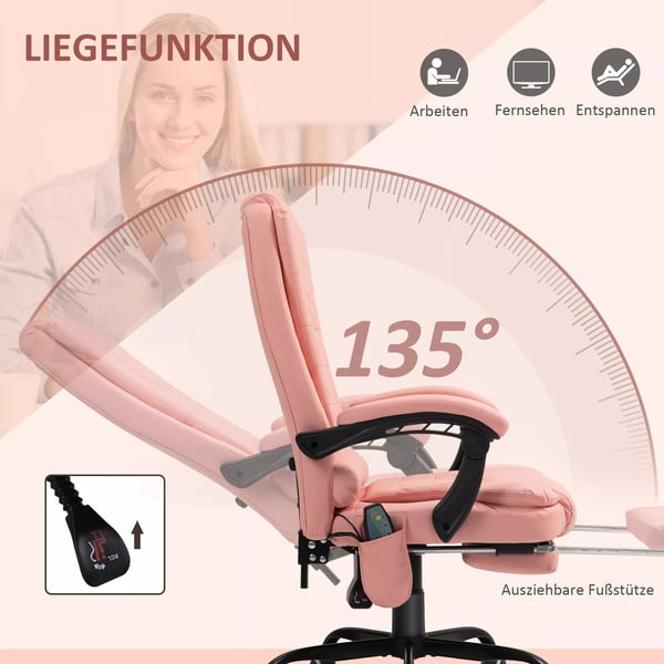 Vinsetto Ergonomisk Kontorstol med Massage, Læderlook, Lyserød