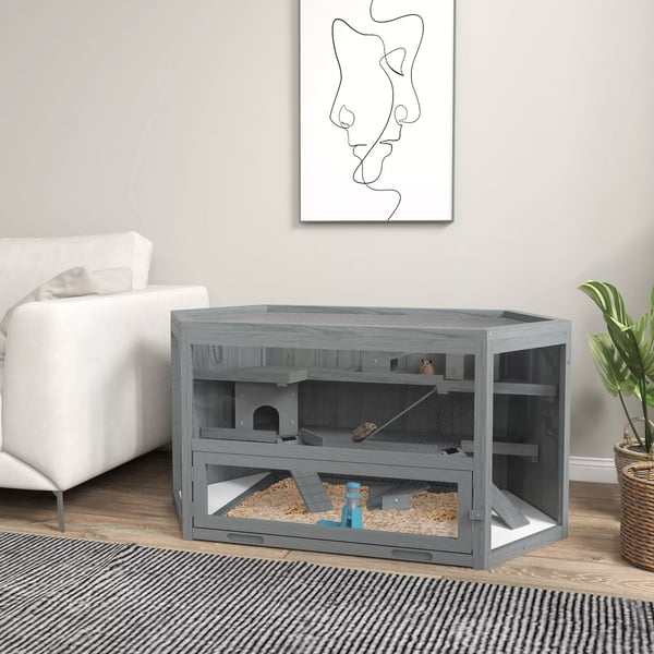 PawHut 3-etagers gnaverbur i gran, gråt, 115 x 60 x 55 cm