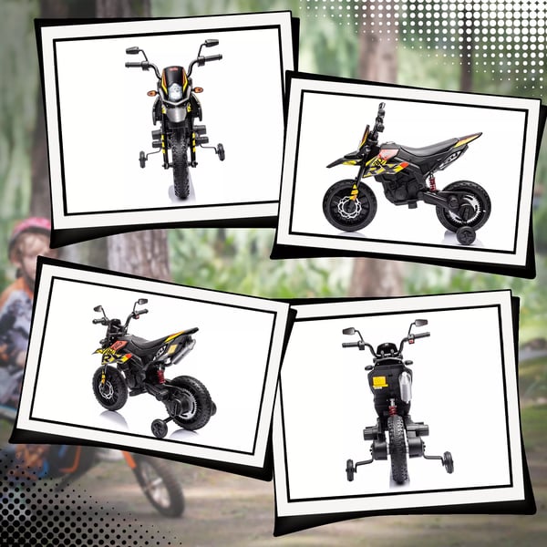 AIYAPLAY Elektrisk Børnemotorcykel 12V - Gul Plastik, Musik & Støttehjul, 6 km/t, 3-8 år