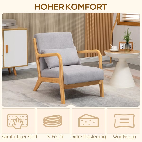 HOMCOM Lænestol i Velour-look, Grå Polyester, med Gummitræ Ramme og Hynder