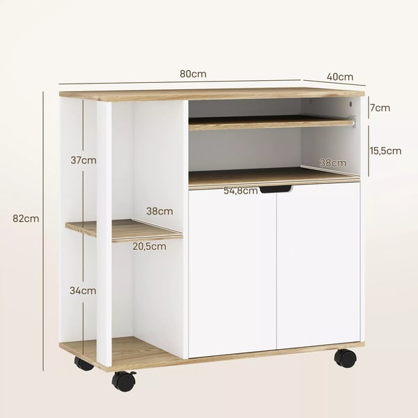 HOMCOM køkkenvogn serveringsvogn med skab, flytbare og justerbare hylder, rullebord med bordplade, hjul til spisestue, 80 x 40 x 82 cm, hvid