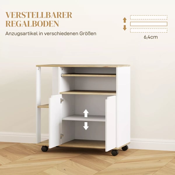 HOMCOM køkkenvogn serveringsvogn med skab, flytbare og justerbare hylder, rullebord med bordplade, hjul til spisestue, 80 x 40 x 82 cm, hvid
