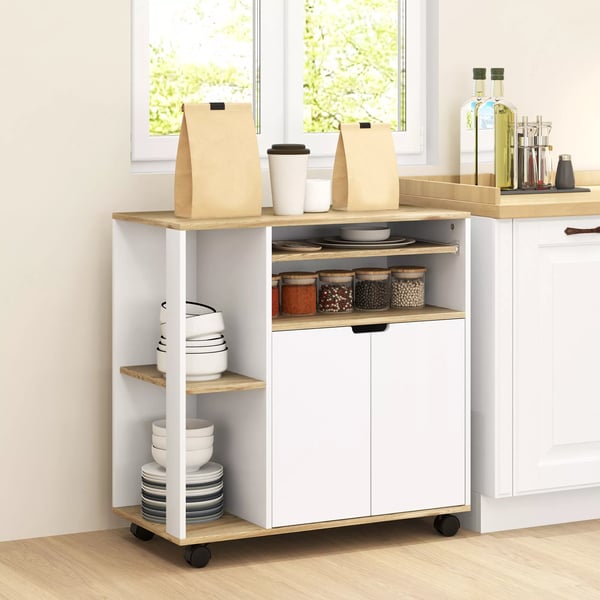 HOMCOM køkkenvogn serveringsvogn med skab, flytbare og justerbare hylder, rullebord med bordplade, hjul til spisestue, 80 x 40 x 82 cm, hvid