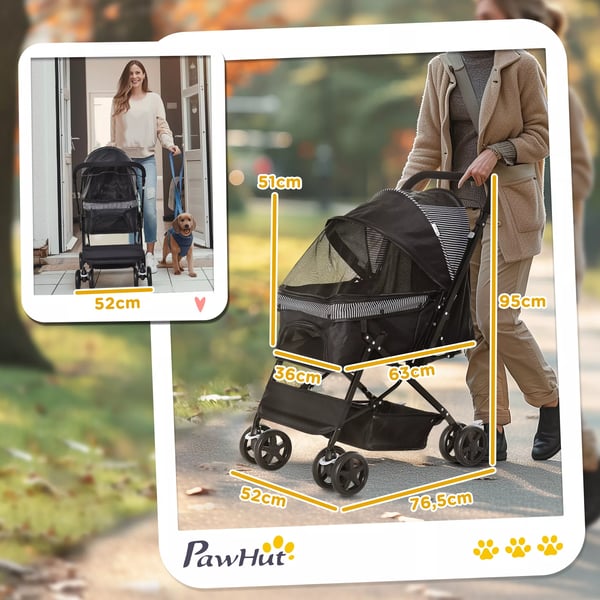 PawHut Hundekørestol til små hunde og katte - Sort Polyester Klapvogn 76,5x52x95 cm