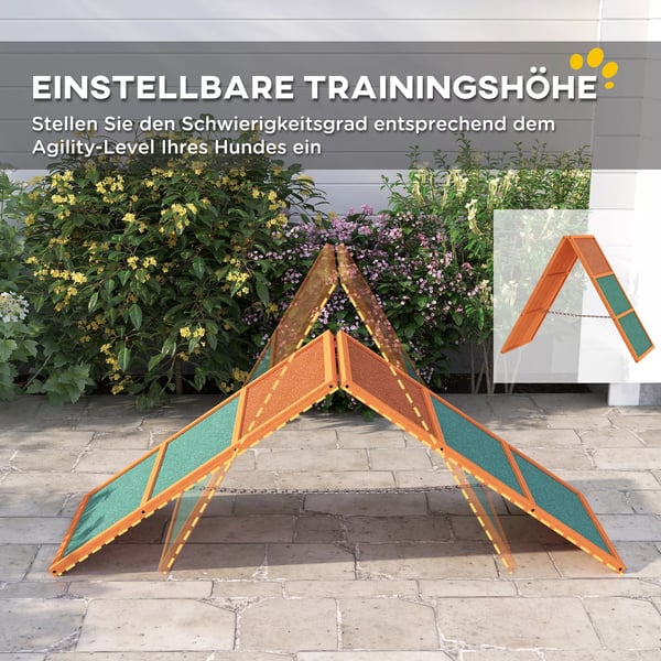 PawHut Hunde Agility Rampe, Foldbar, Hjdejusterbar, Skridsikker, Tannenholz/Orange, 173x59x66 cm