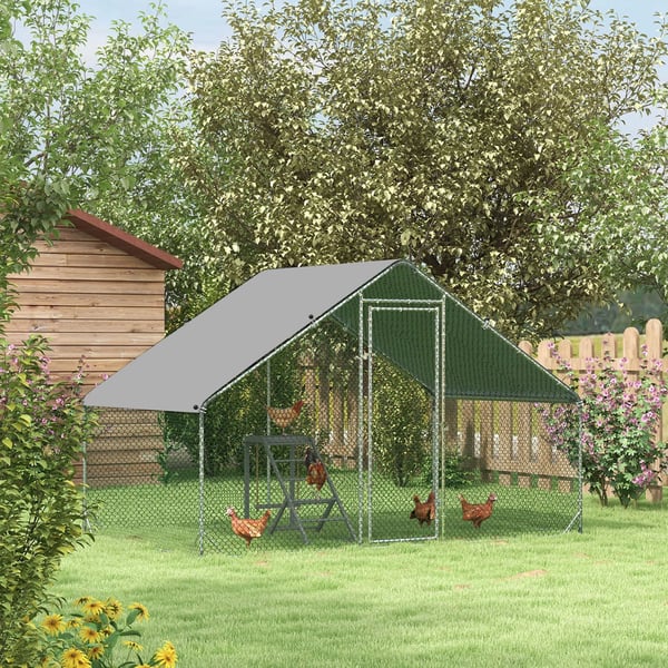 PawHut hønsehus, løbegård i stål, 300 x 200 x 200 cm, hønsegård med overdækning og dør, til 4-6 høns, smådyr, sølv