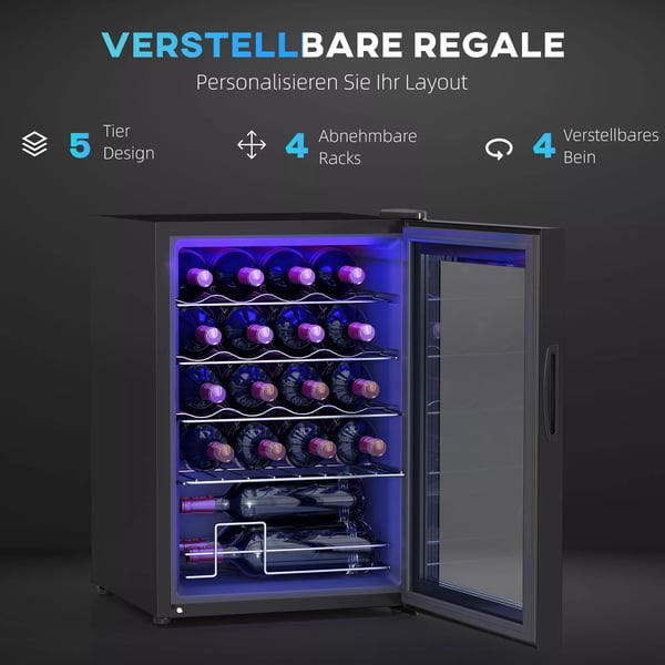 HOMCOM Viinikaappi 20 pulloa, 53L, 5-18°C, Kompressorijäähdytys, Metallirunko, Musta