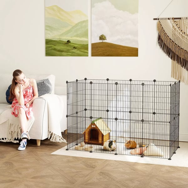 PawHut Løbegård til Smådyr – Udendørs/Indendørs Stål Gitterbure med Dør, Sort/Stål, 120x60x80 cm
