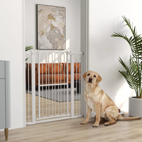 Hvid Hundegitter uden Boring, 76-104 cm, Justerbar Trappe-/Dørsikring i Stål for Hunde