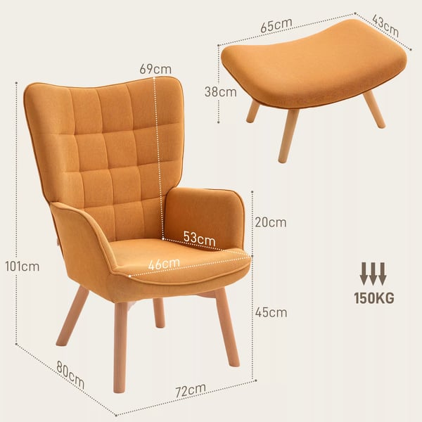 HOMCOM lænestol med skammel, øreklapstol med høj ryglæn, træben, loungestol med tuftet design, kordfløjls-look, til stuen, brun