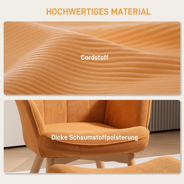 HOMCOM lænestol med skammel, øreklapstol med høj ryglæn, træben, loungestol med tuftet design, kordfløjls-look, til stuen, brun