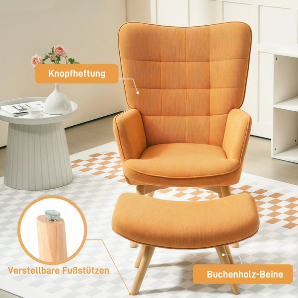 HOMCOM lænestol med skammel, øreklapstol med høj ryglæn, træben, loungestol med tuftet design, kordfløjls-look, til stuen, brun