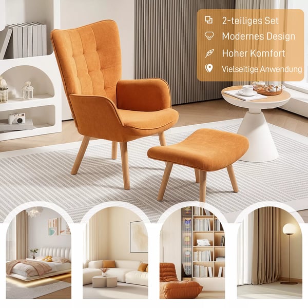 HOMCOM lænestol med skammel, øreklapstol med høj ryglæn, træben, loungestol med tuftet design, kordfløjls-look, til stuen, brun