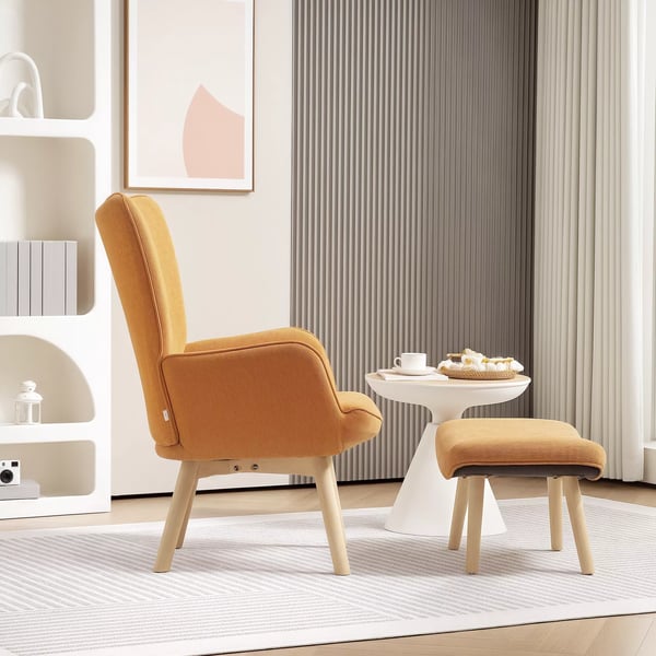 HOMCOM lænestol med skammel, øreklapstol med høj ryglæn, træben, loungestol med tuftet design, kordfløjls-look, til stuen, brun