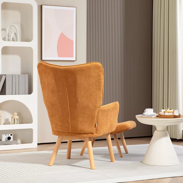 HOMCOM lænestol med skammel, øreklapstol med høj ryglæn, træben, loungestol med tuftet design, kordfløjls-look, til stuen, brun