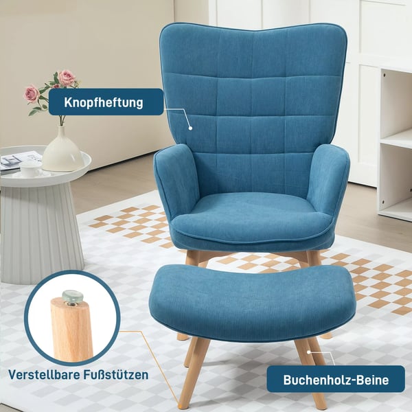 HOMCOM Nojatuoli ja jakkara, corduroy-ilme, polyesteri, sininen